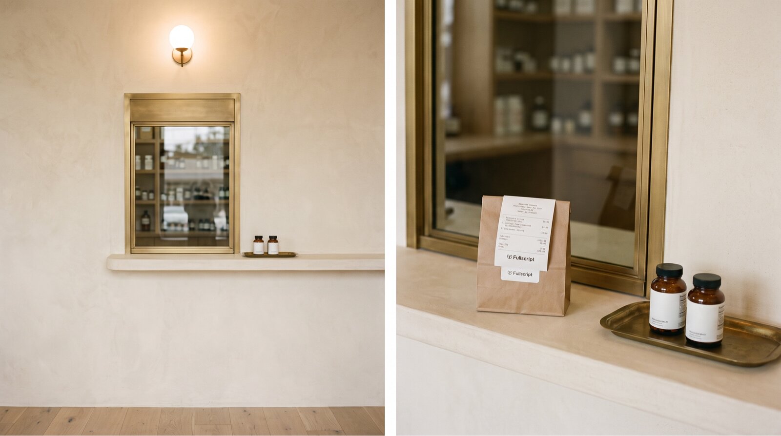 Fullscript dispense window in brass and plaster. Kraft bag, printed receipt, two amber bottles on a brass tray.