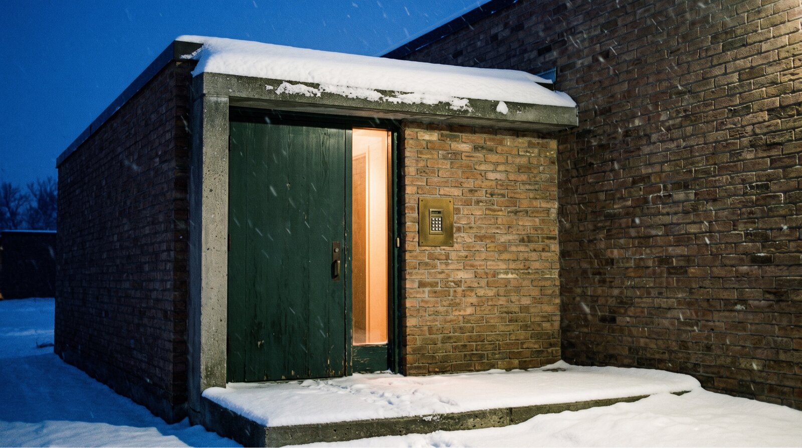 Green wood door in brick wall, brass cipher plate with keypad, warm light spilling out, snow at the sill.