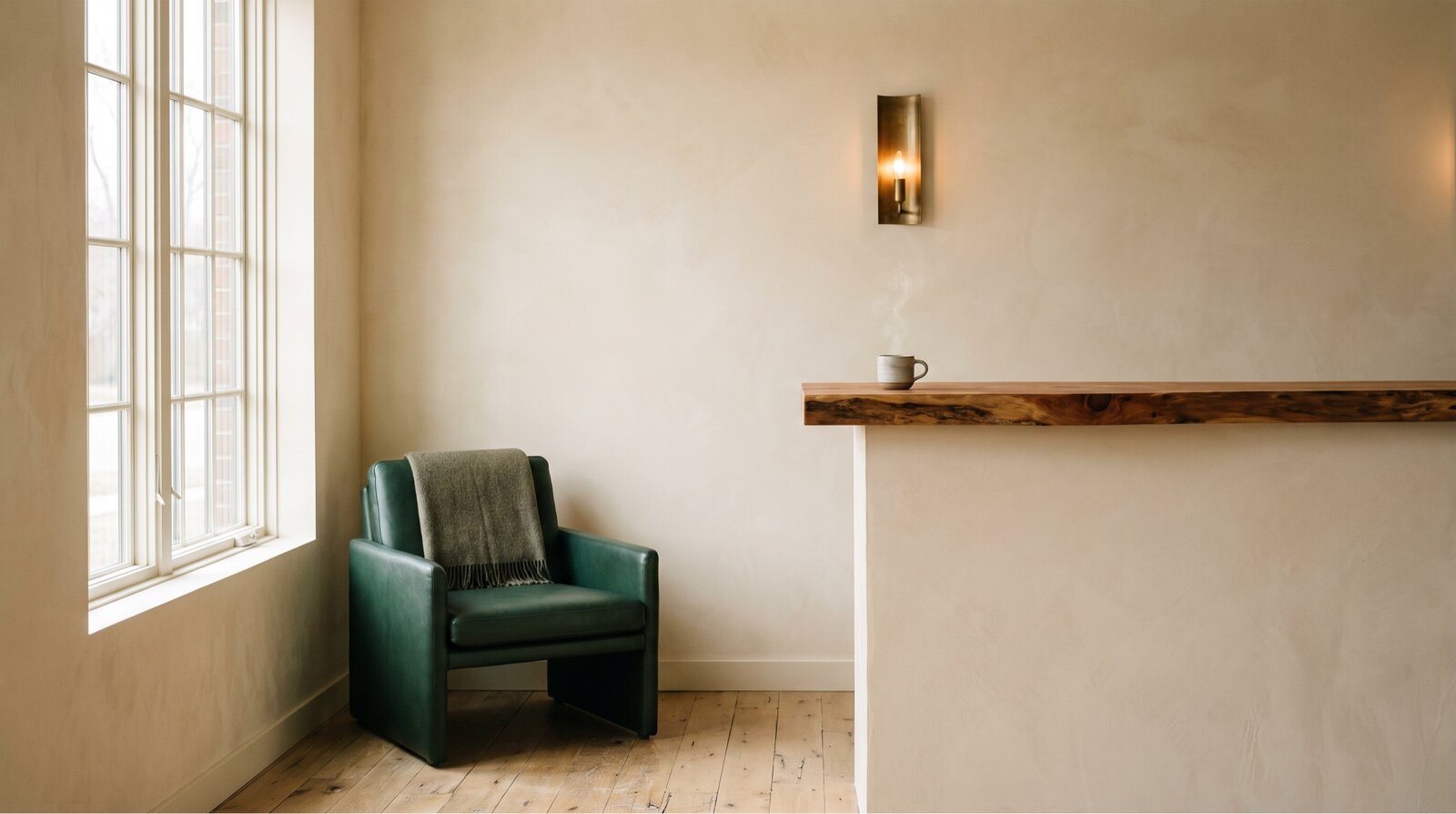 The lounge. Cedar counter, plaster wall, hemlock leather chair, no screens.