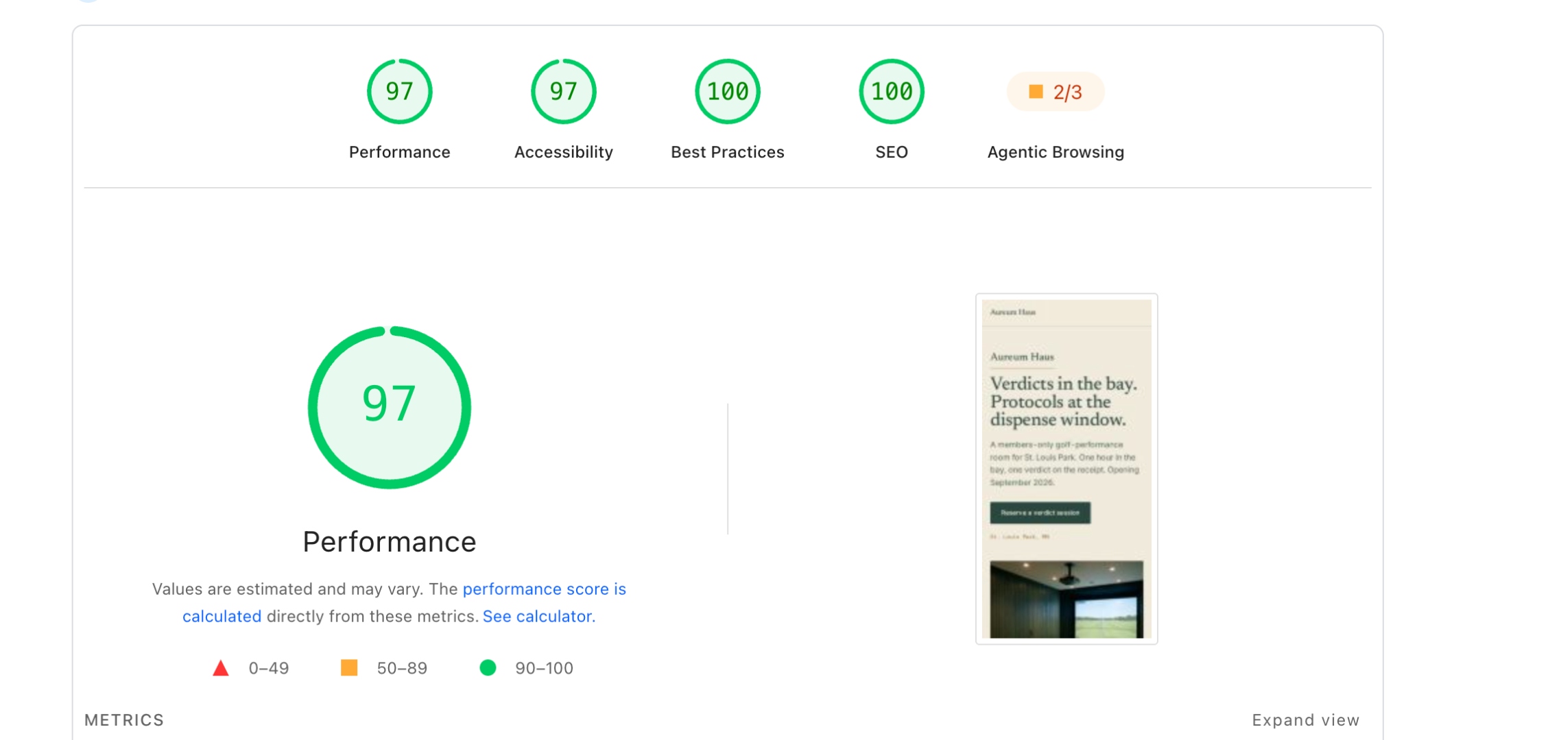 Google PageSpeed report for the Aureum Haus homepage. Performance 97, Accessibility 97, Best Practices 100, SEO 100.